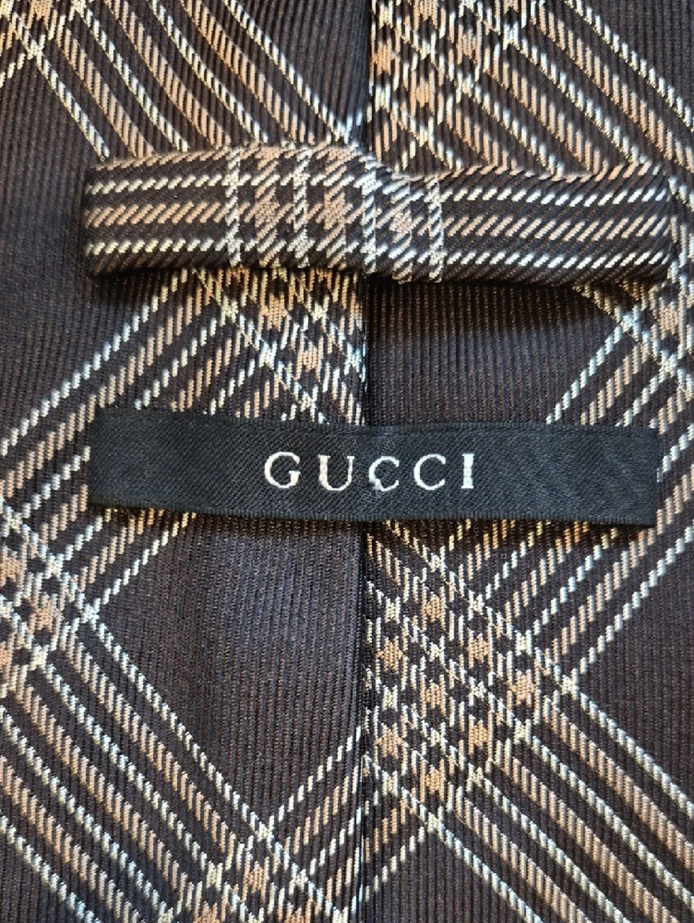 Authentic Gucci Brown Tie with White Windowpane Plaid